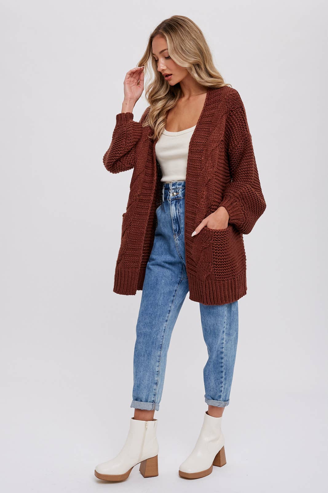 CHUNKY CABLE LANTERN SLEEVE CARDIGAN: CREAM / M/L