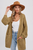 CHUNKY CABLE LANTERN SLEEVE CARDIGAN: CREAM / M/L