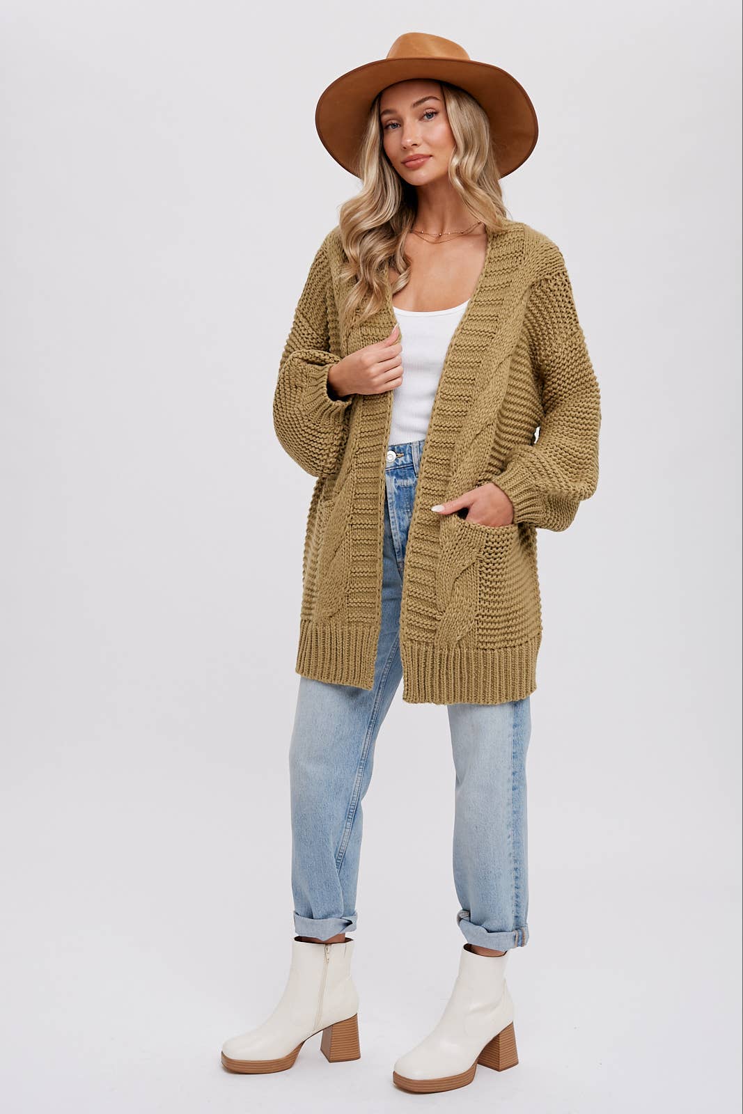 CHUNKY CABLE LANTERN SLEEVE CARDIGAN: CREAM / M/L