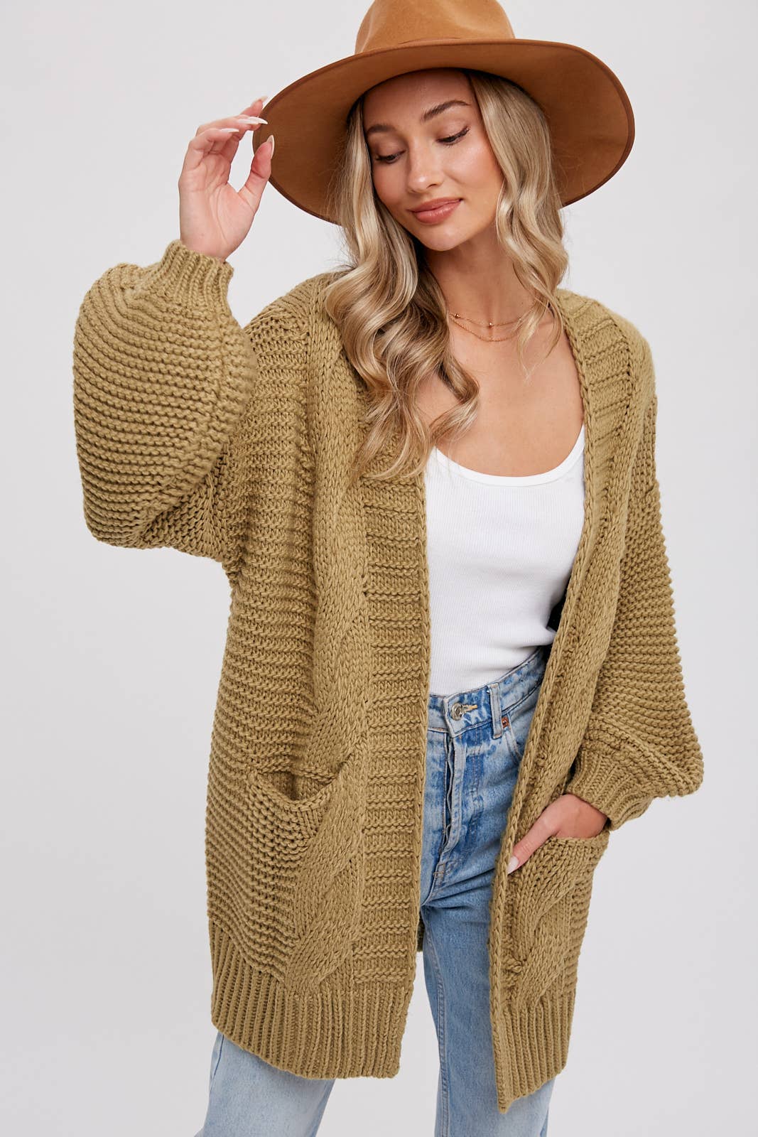 CHUNKY CABLE LANTERN SLEEVE CARDIGAN: CREAM / M/L