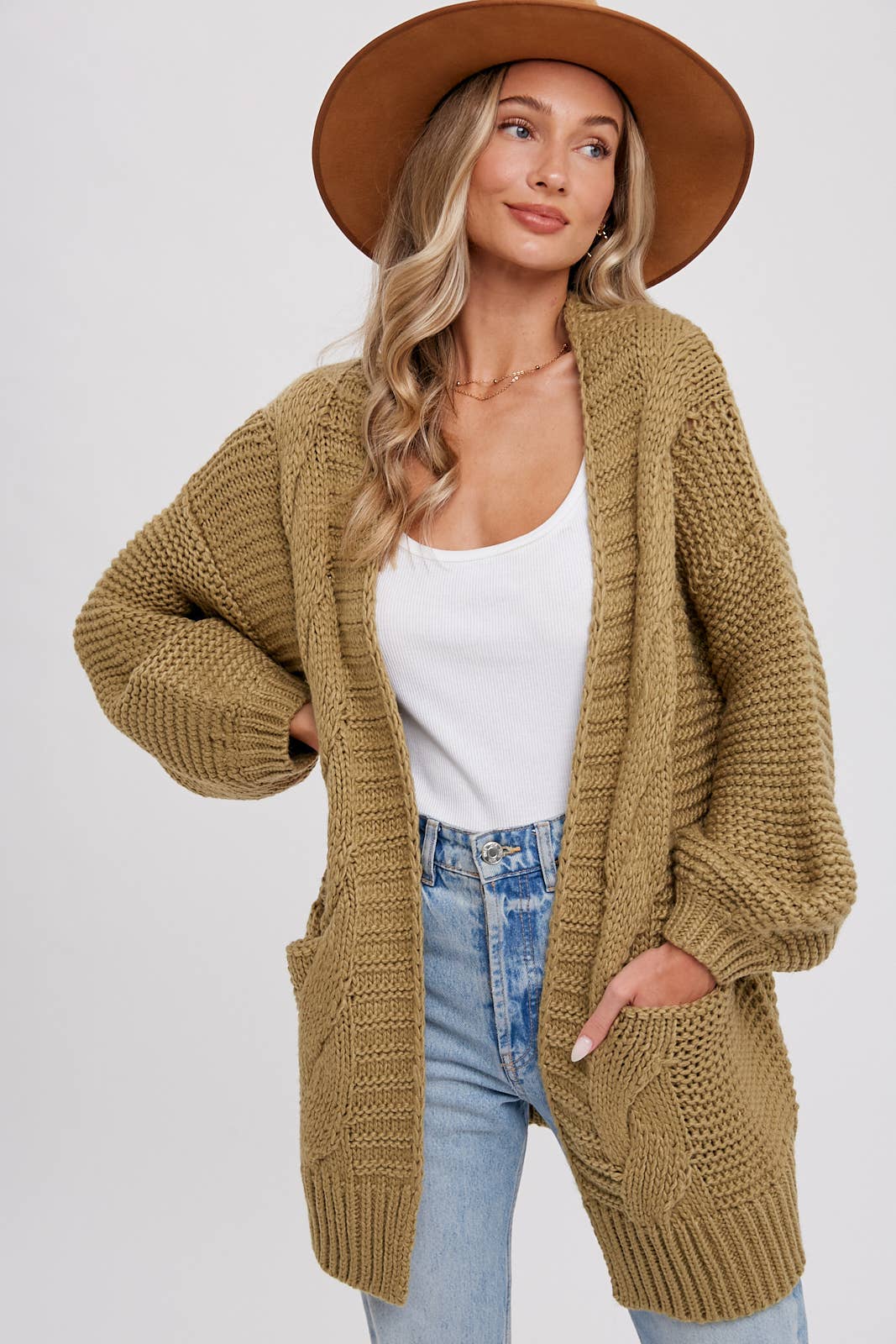 CHUNKY CABLE LANTERN SLEEVE CARDIGAN: CREAM / M/L