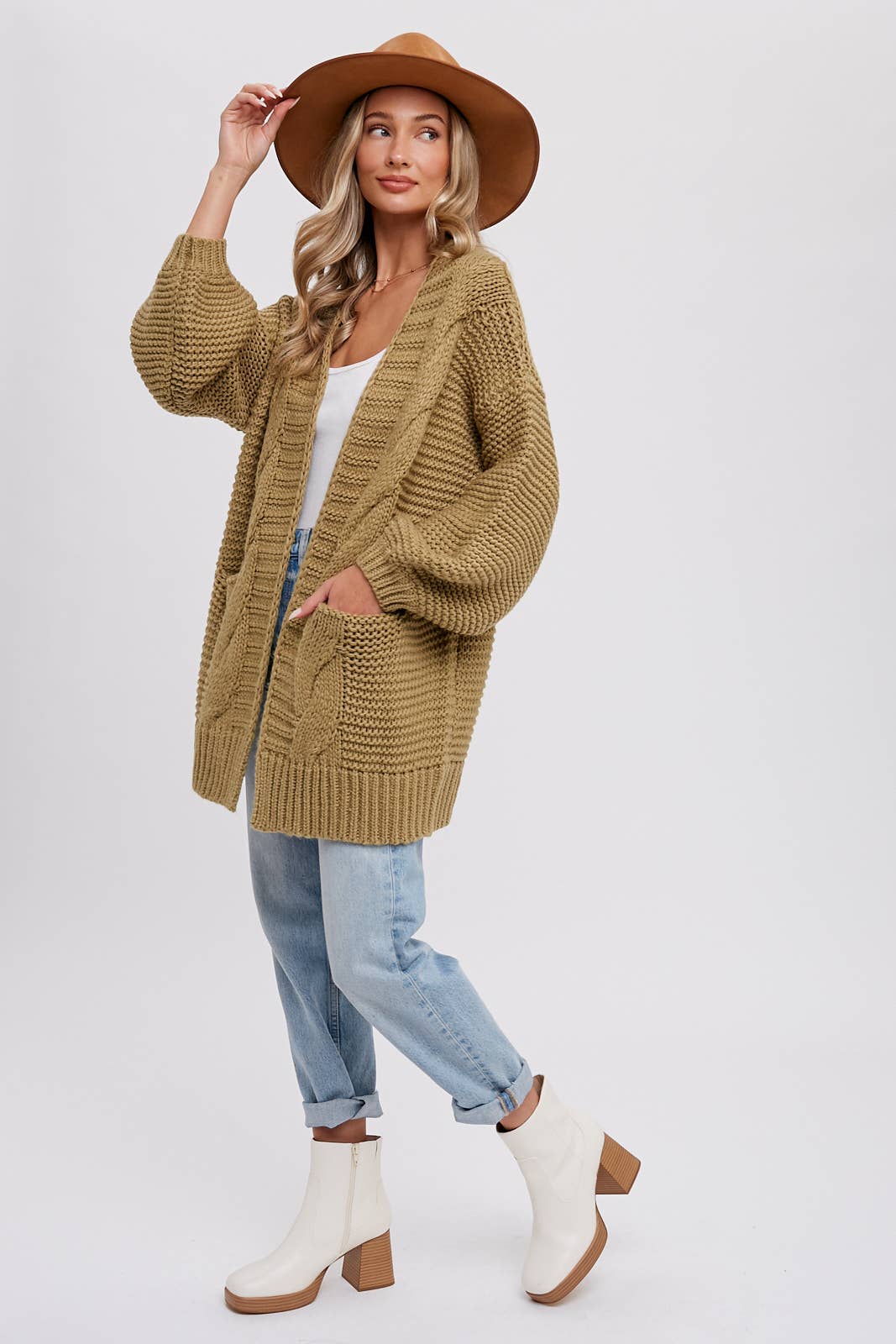 CHUNKY CABLE LANTERN SLEEVE CARDIGAN: CREAM / S/M