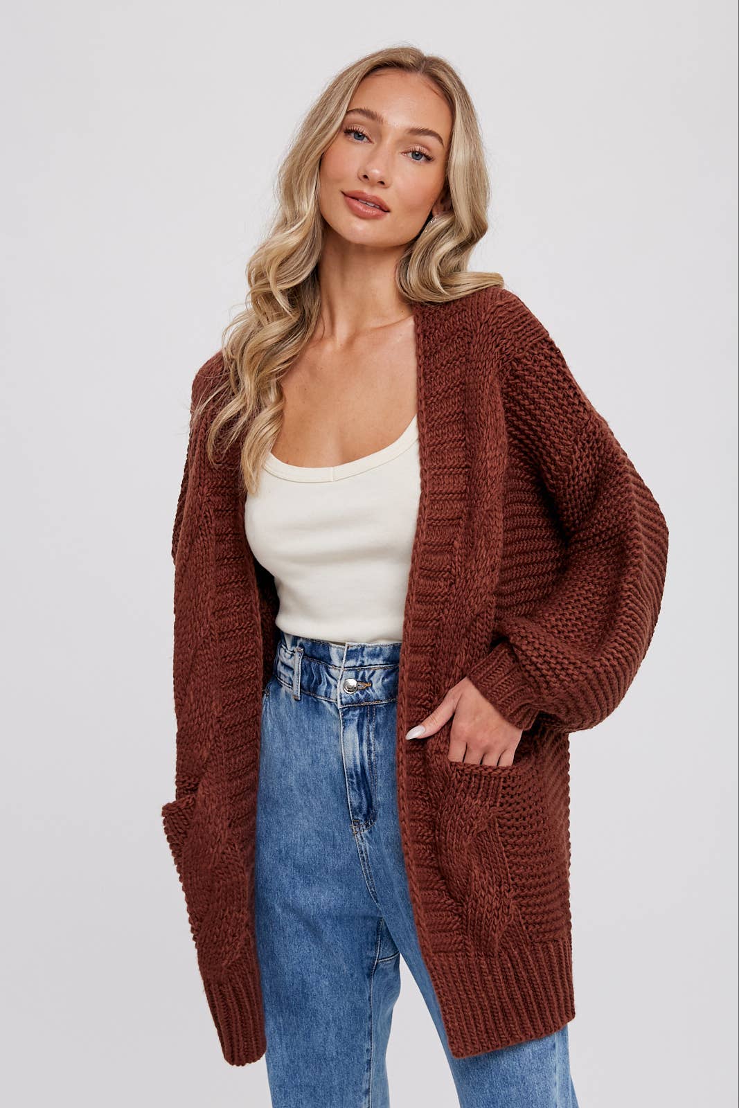 CHUNKY CABLE LANTERN SLEEVE CARDIGAN: CREAM / M/L