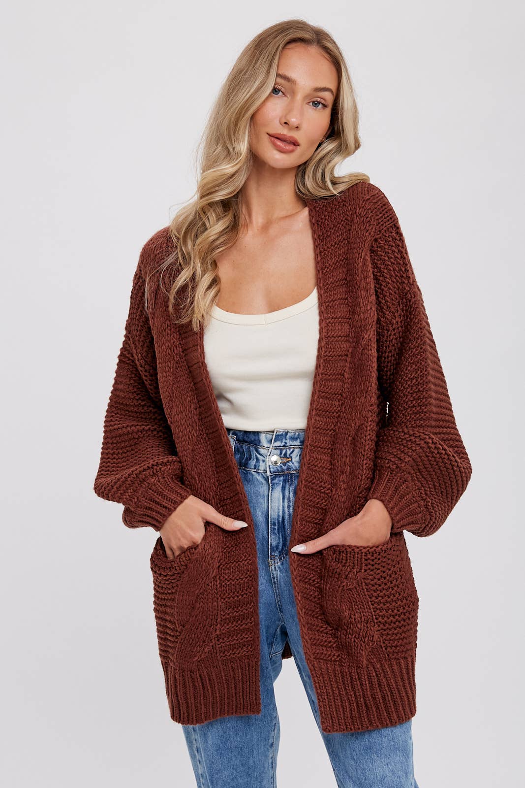 CHUNKY CABLE LANTERN SLEEVE CARDIGAN: CREAM / M/L