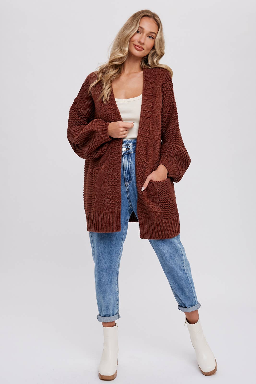 CHUNKY CABLE LANTERN SLEEVE CARDIGAN: CREAM / S/M