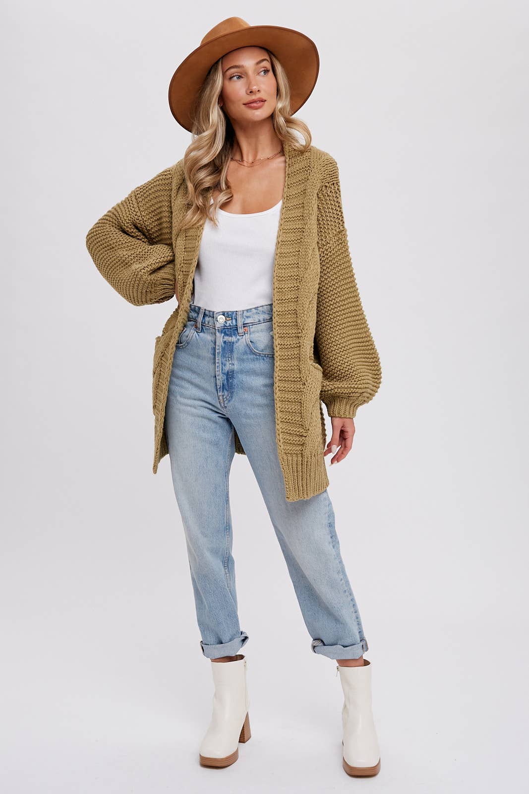 CHUNKY CABLE LANTERN SLEEVE CARDIGAN: CREAM / S/M