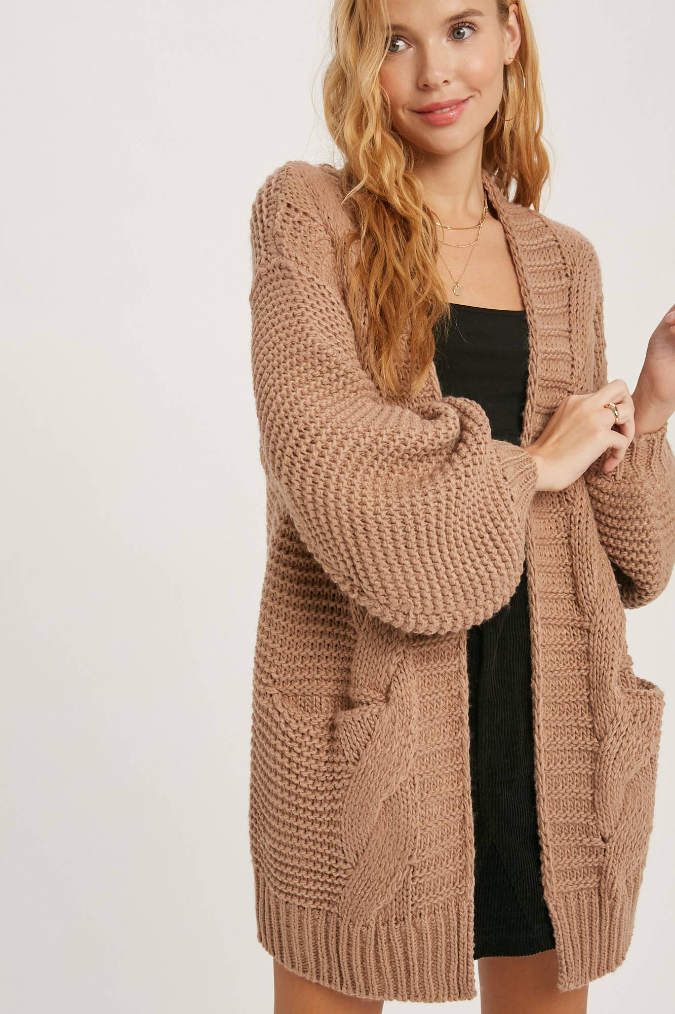 CHUNKY CABLE LANTERN SLEEVE CARDIGAN: CREAM / M/L