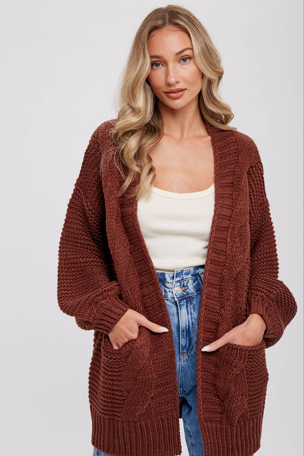 CHUNKY CABLE LANTERN SLEEVE CARDIGAN: CREAM / M/L